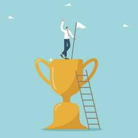 Concept of victory, finding right strategy for development and prosperity of the business, achieving goals and receiving rewards, logic and intelligence to solve problems, man with flag stands on cup. vector