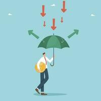 Overcoming financial difficulties and failures, ways and methods to maintain business profitability during economic downturn or crisis, man with coin stands under umbrella on which arrows are pouring. vector