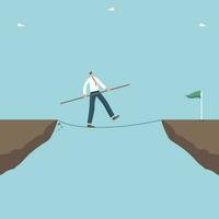 Move on the right business strategy, search for new opportunities, direction to achieve goals and solve problems, plan for further business development, a man walks a tightrope over a cliff. vector