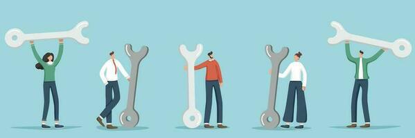 Set of illustrations of random people with wrenches. Technical support and service. Assistance in setting up and optimizing the workplace, solving difficult situations under unforeseen circumstances. vector