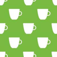 Simple vector tea background. Repetitive geometric tea icons. Seamless pattern with tea cups on green background