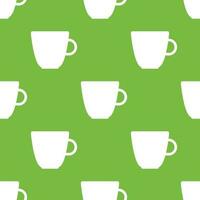 Simple vector tea background. Repetitive geometric tea icons. Seamless pattern with tea cups on green background