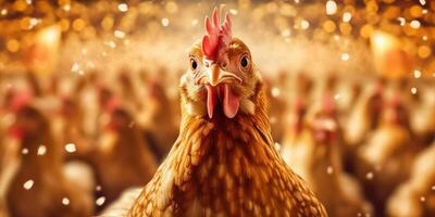 Close Up Chicken on Sunny Light Background, Egg Chickens Farm. Generative Ai photo