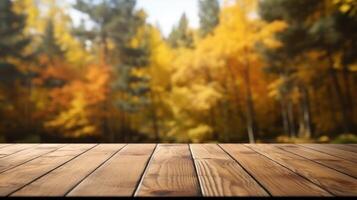 Empty Wooden Table for Product Display on Autumn Nature Background. Generative Ai photo