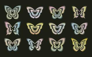 Stickers with a blurred Y2K effect.   Butterfly shapes in trendy retro style. Vector illustration.