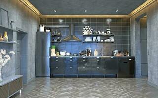 Apartment interior with kitchen. 3d photo