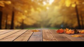 Empty Wooden Table for Product Display on Autumn Nature Background. photo