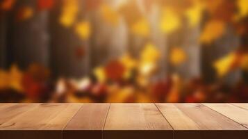 Empty Wooden Table for Product Display on Autumn Nature Background. photo