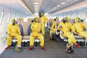 the gas mask man in the airplane interior photo