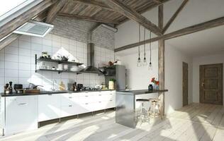 Apartment interior with kitchen. 3d photo