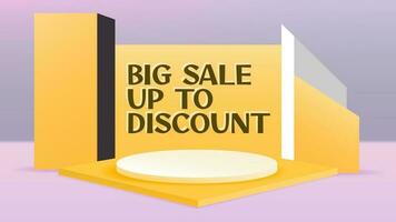 Colorful yellow background layout banner design Big sale discount Template 3D product display cylindrical shape. Horizontal poster, greeting card, header website sale ad promotion Typography lettering vector