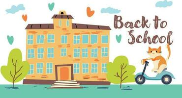 Back to School Education Illustration with Building and lettering outdoor scene car and school bus. vector