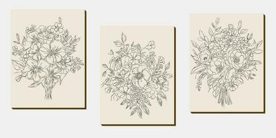 Flower bouquet line art, black and white floral set collection bundle handdrawn, branch, foliage, leaf minimal antique retro contemporary ink drawing for decor wedding invitation and poster card vector