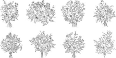 Flower bouquet line art, black and white floral set collection bundle handdrawn, branch, foliage, leaf minimal antique retro contemporary ink drawing for decor wedding invitation and poster card. vector