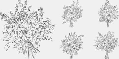 Flower bouquet line art, black and white floral set collection bundle handdrawn, branch, foliage, leaf minimal antique retro contemporary ink drawing for decor wedding invitation and poster card. vector