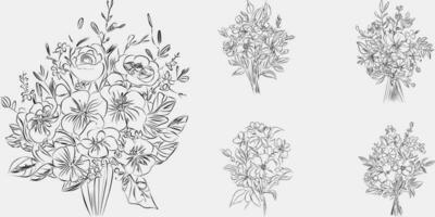 Flower bouquet line art, black and white floral set collection bundle handdrawn, branch, foliage, leaf minimal antique retro contemporary ink drawing for decor wedding invitation and poster card. vector