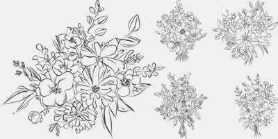 Flower bouquet line art, black and white floral set collection bundle handdrawn, branch, foliage, leaf minimal antique retro contemporary ink drawing for decor wedding invitation and poster card. vector