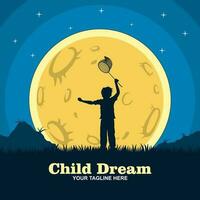 Vector logo in which an abstract image of a child on a background of stars holding a balloon with the moon and stars.