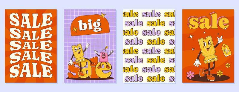 Retro groovy sale posters with discount coupon and bag characters. Vector background, cards in trendy cartoon style. Waves, mesh, twisted texture, Y2k aesthetic. A4 social media template set