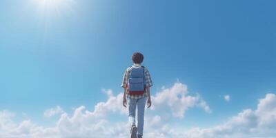 Student with Backpack Walk to School Blue Sky Background. Back to School Concept. photo