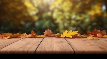 Empty Wooden Table for Product Display on Autumn Nature Background. photo