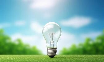 Eco friendly lightbulb on green grass blue sky background, Renewable and sustainable energy. Generative AI photo