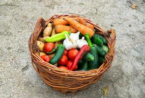 Baskets with vegetables. Assorted vegetables. Rural harvest. photo