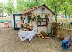 recreando el rural vida de el cosacos un choza y un calle mesa con alimento. foto