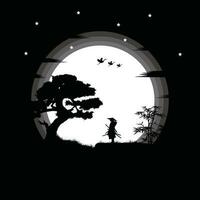 Ninja, Assassin, Samurai training at night on a full moon vector