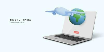 3d realistic travel banner with laptop, planet and airplane. Time to travel. Vector illustration