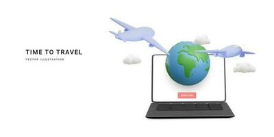 3d realistic travel banner with laptop, planet and airplane. Time to travel. Vector illustration