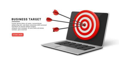 3d realistic start up banner with arrows, target and laptop.  Targeting the business. Vector illustration