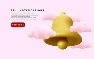 3d realista notificación campana con nubes vector ilustración