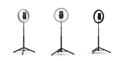 Set of 3d realistic phone on tripod with light bulb. Live stream concept. Vector illustration