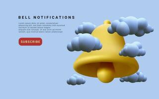 3d realista notificación campana con nubes vector ilustración