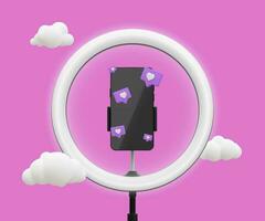 3d realistic live stream concept. Phone on tripod with light bulb, clouds and social icons. Vector illustration