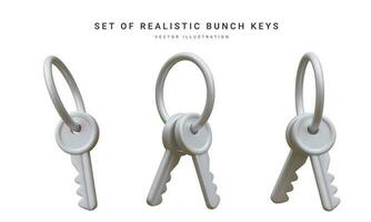 Set of 3d realistic silver  bunch of keys isolated in withe background. Vector illustration