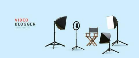 3d realistic video blogger concept banner. Place for work with floodlight, chair and phone on tripod with light bulb and spotlight. Vector illustration