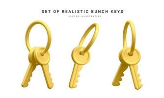 Set of 3d realistic golden bunch of keys isolated in withe background. Vector illustration