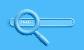 Search engine or magnifying glass in blank search bar on Background. 3d render, copy space. Vector illustration