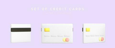 Realistic design credit cards set in different position isolated on light background. Vector illustration