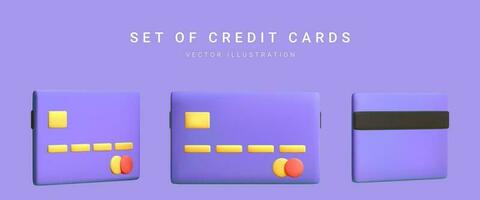 Realistic design credit cards set in different position isolated on light background. Vector illustration