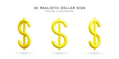 Set of 3D realistic gold dollars sign. Collection of US dollars currency symbol isolated on white background. Vector illustration