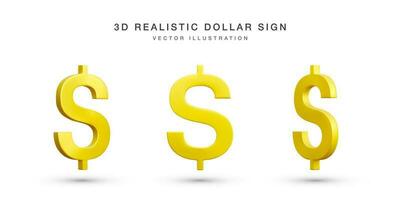 Set of 3D realistic gold dollars sign. Collection of US dollars currency symbol isolated on white background. Vector illustration