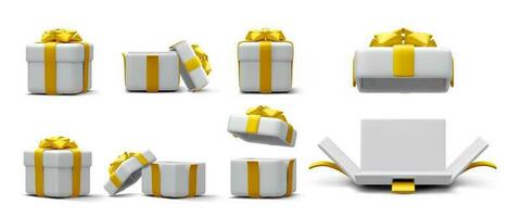 Set of 3d realistic gift boxes with gold ribbon isolated on white background. Surprise boxes. Vector illustration