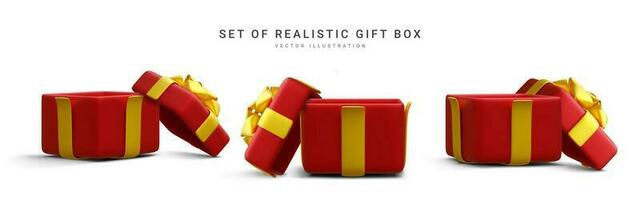 Set of 3d realistic red gift boxes with gold ribbon isolated on white background. Surprise boxes. Vector illustration