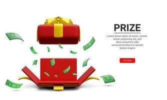 3d realistic gambling game concept with box and money explosion out. Open gift box with paper currency on white background. Win prizes.  Vector illustration