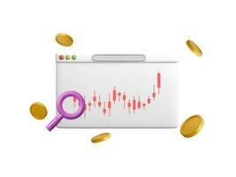 3D online trading with graph in browser. 3D Browser with business graph and flying coins. Vector trading icon for business investment. Vector illustration