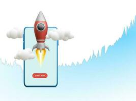 3D flying space rocket with trading graph on mobile phone. Space for business startup and growth statistics trading concept. Vector illustration