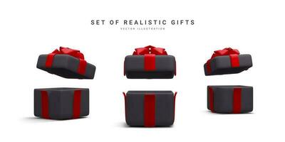 Set of 3d realistic gift boxes with red ribbon isolated on white background. Surprise boxes. Vector illustration